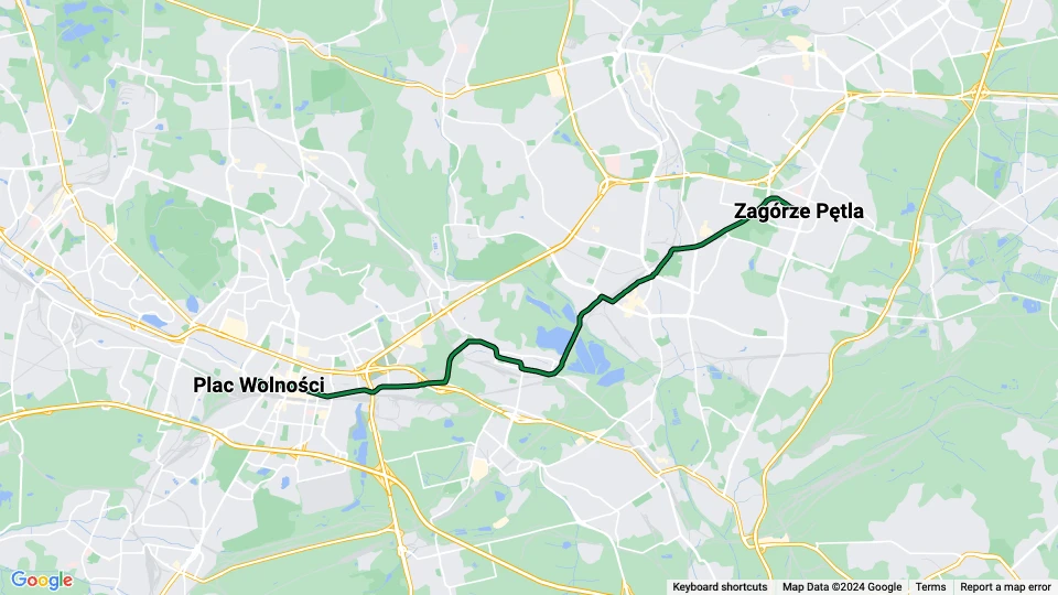 Katowice sporvognslinje T15: Zagórze Pętla - Plac Wolności linjekort