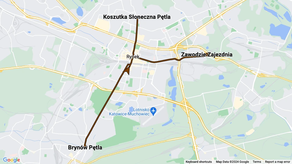 Katowice sporvognslinje T16 linjekort