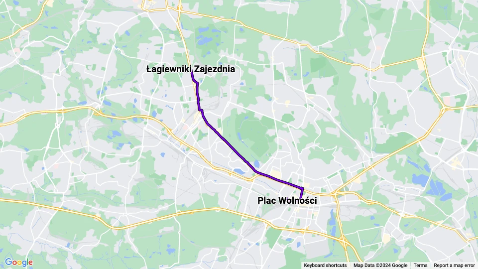 Katowice sporvognslinje T19: Łagiewniki Zajezdnia - Plac Wolności linjekort