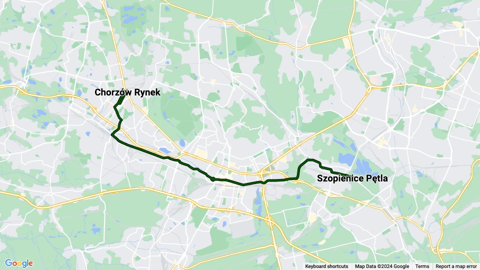 Katowice sporvognslinje T20: Chorzów Rynek - Szopienice Pętla linjekort