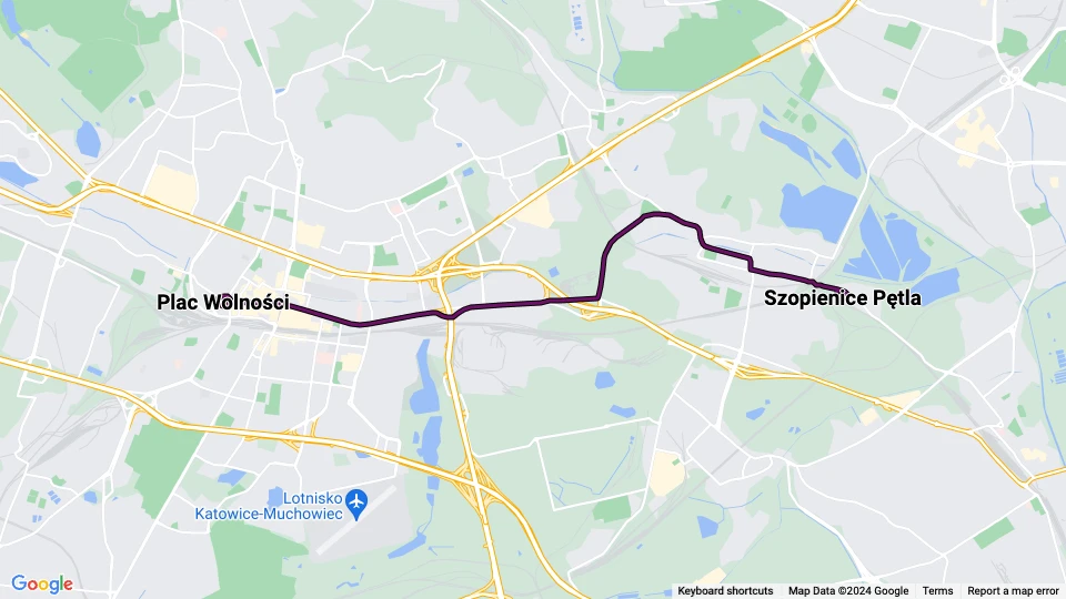 Katowice sporvognslinje T34: Plac Wolności - Szopienice Pętla linjekort