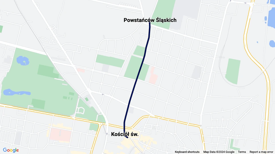 Katowice sporvognslinje T38: Kościół św. - Powstańców Śląskich linjekort