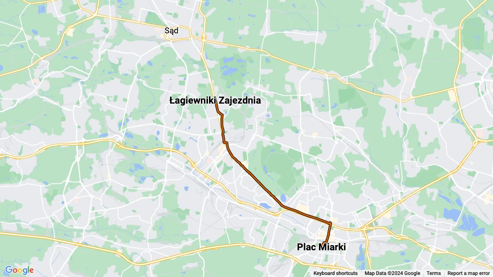 Katowice sporvognslinje T6: Łagiewniki Zajezdnia - Plac Miarki linjekort
