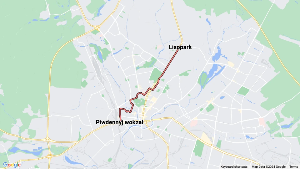 Kharkiv sporvognslinje 12: Piwdennyj wokzał - Lisopark linjekort