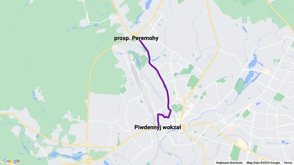 Kharkiv sporvognslinje 20: Piwdennyj wokzał - prosp. Peremohy linjekort