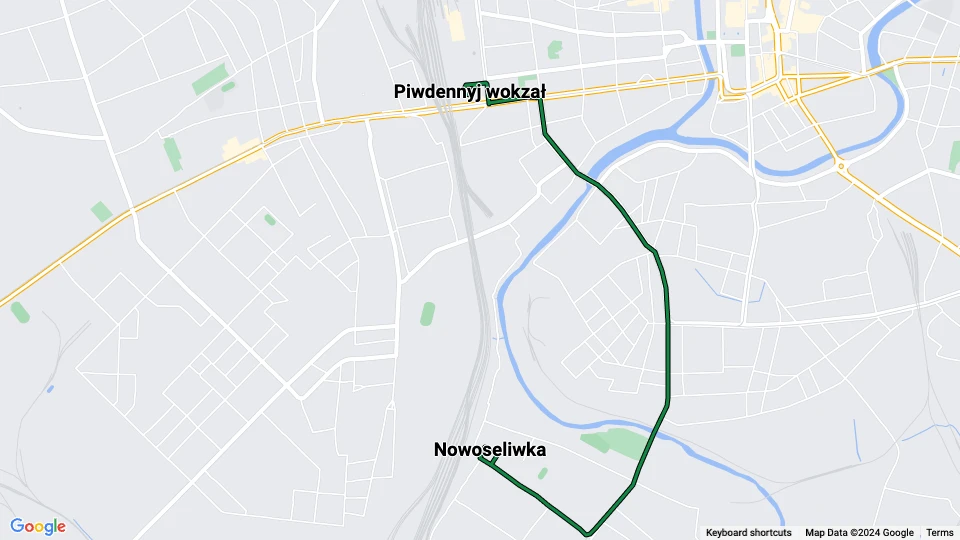 Kharkiv sporvognslinje 7: Piwdennyj wokzał - Nowoseliwka linjekort