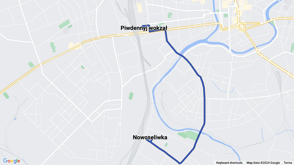 Kharkiv sporvognslinje 9: Piwdennyj wokzał - Nowoseliwka linjekort