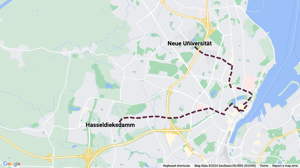 Kiel sporvognslinje 2: Neue Universität - Hasseldieksdamm linjekort