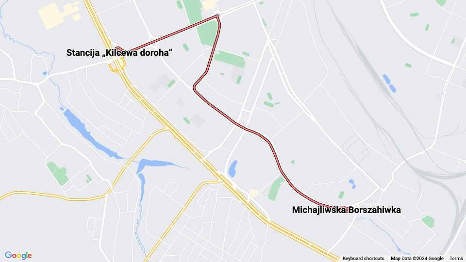 Kiev regionallinje 2: Stancija „Kilcewa doroha” - Michajliwśka Borszahiwka linjekort