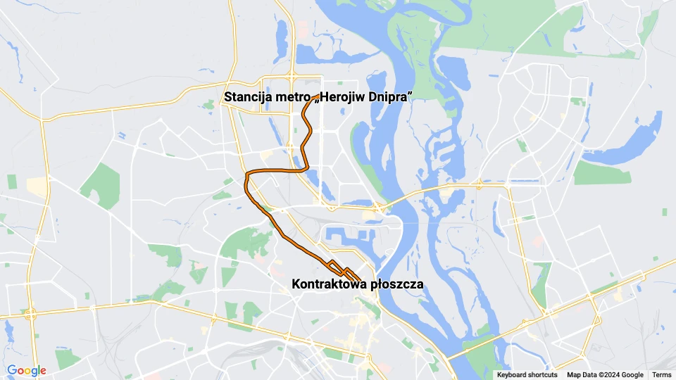 Kiev sporvognslinje 16: Kontraktowa płoszcza - Stancija metro „Herojiw Dnipra” linjekort