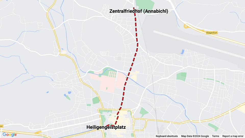 Klagenfurt sporvognslinje A: Heiligengeistplatz - Zentralfriedhof (Annabichl) linjekort