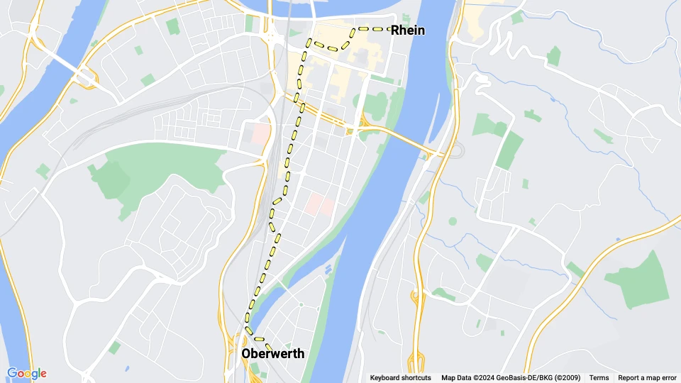 Koblenz sporvognslinje 2: Oberwerth - Rhein linjekort