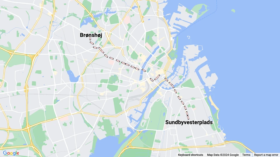 København natlinje B: Brønshøj - Sundbyvesterplads linjekort