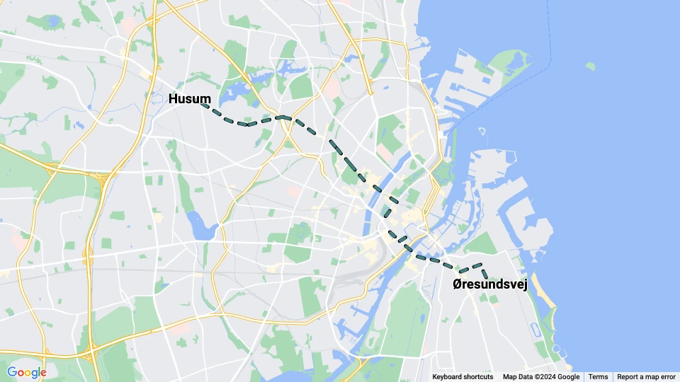 København natlinje E: Husum - Øresundsvej linjekort