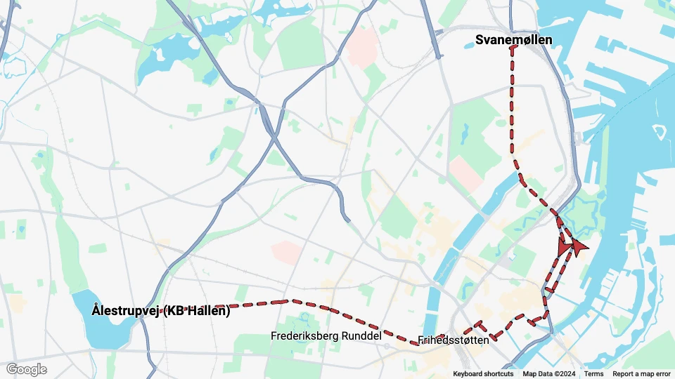 København sporvognslinje 1: Svanemøllen - Ålestrupvej (KB Hallen) linjekort