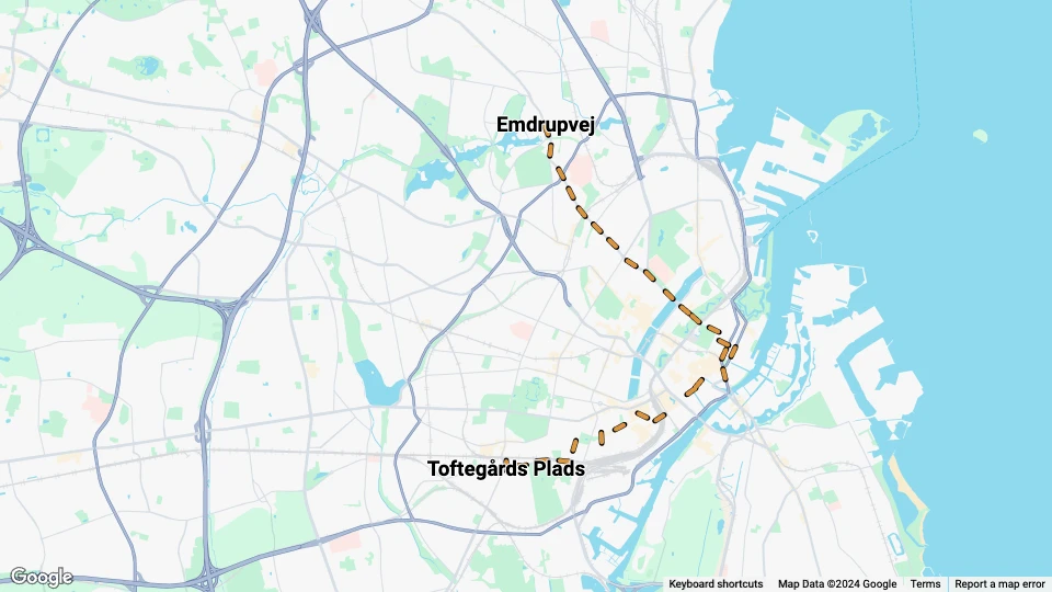 København sporvognslinje 10: Emdrupvej - Toftegårds Plads linjekort