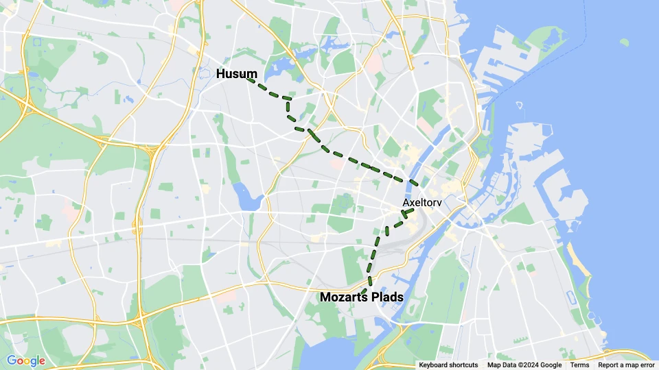 København sporvognslinje 11: Mozarts Plads - Husum linjekort