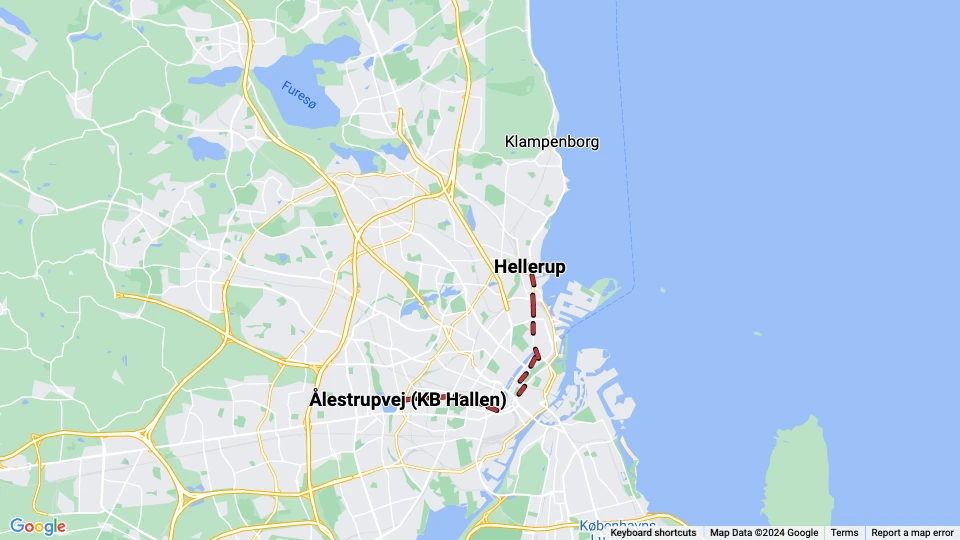 København sporvognslinje 14: Ålestrupvej (KB Hallen) - Hellerup linjekort