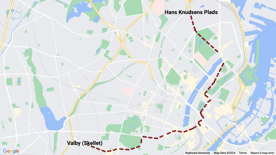 København sporvognslinje 15: Hans Knudsens Plads - Valby (Skellet) linjekort