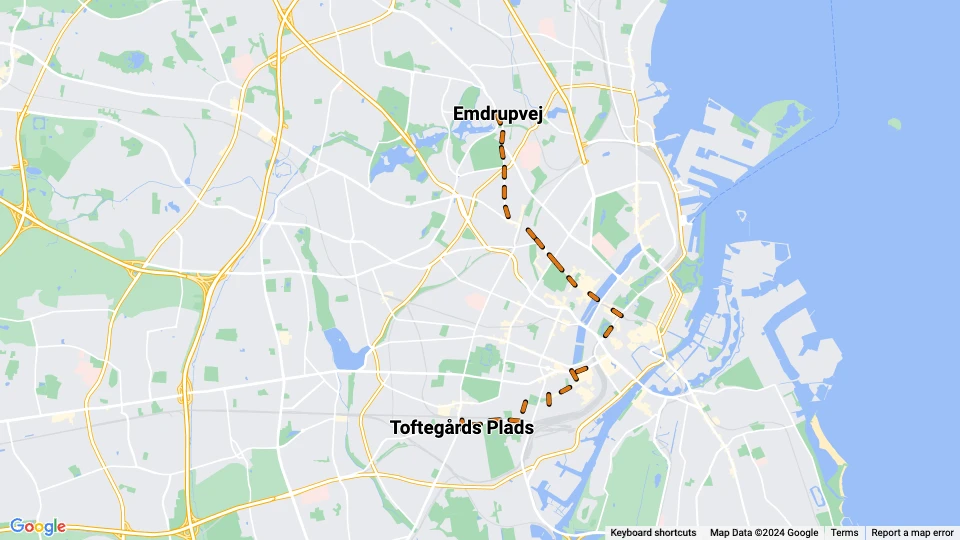 København sporvognslinje 16: Toftegårds Plads - Emdrupvej linjekort