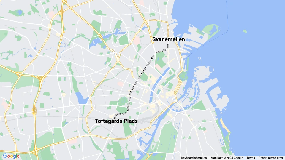 København sporvognslinje 18: Svanemøllen - Toftegårds Plads linjekort