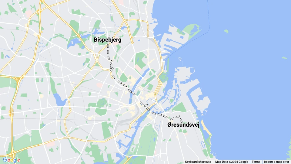København sporvognslinje 19: Øresundsvej - Bispebjerg linjekort