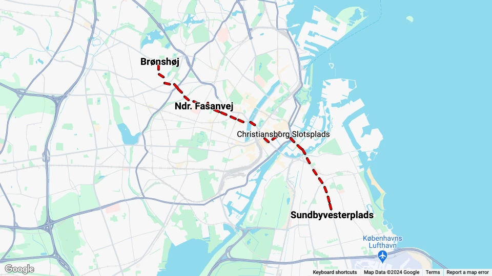 København sporvognslinje 2: Brønshøj - Sundbyvesterplads linjekort