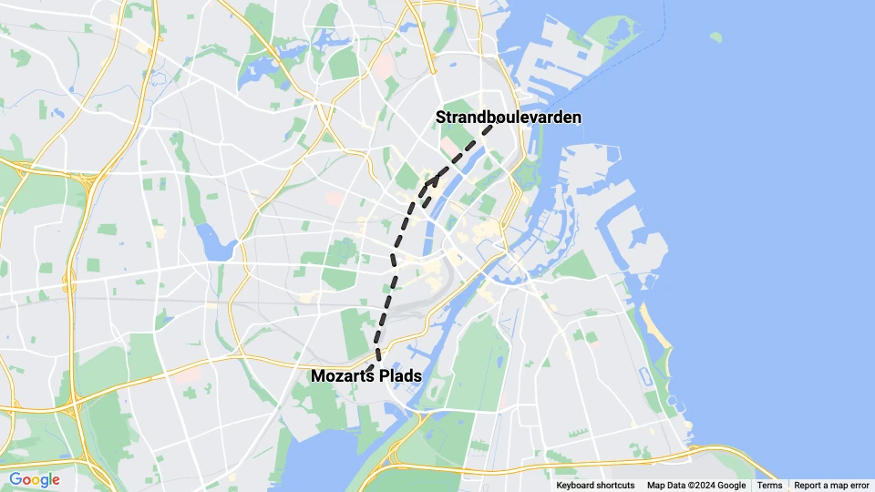 København sporvognslinje 3: Mozarts Plads - Strandboulevarden linjekort