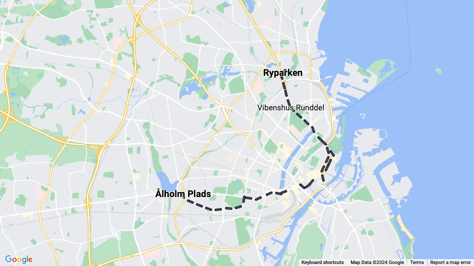 København sporvognslinje 6: Ålholm Plads - Ryparken linjekort