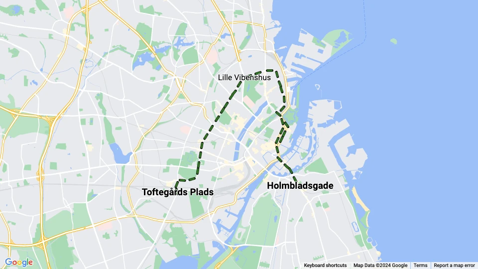 København sporvognslinje 9: Toftegårds Plads - Holmbladsgade linjekort