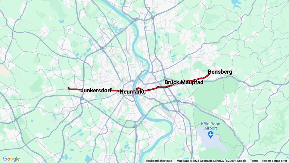 Köln sporvognslinje 1: Weiden West - Bensberg linjekort