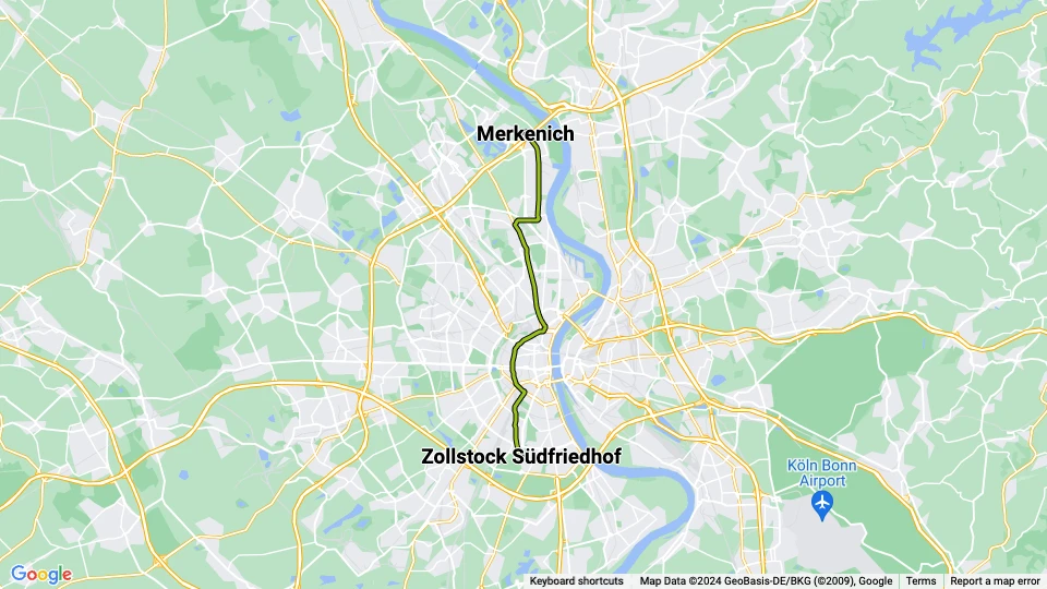 Köln sporvognslinje 12: Zollstock Südfriedhof - Merkenich linjekort