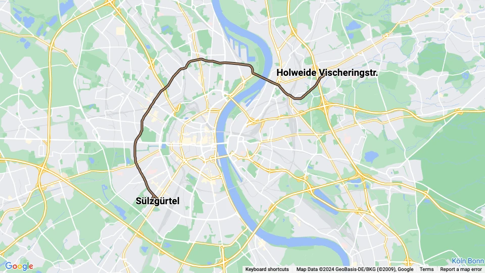 Köln sporvognslinje 13: Sülzgürtel - Holweide Vischeringstr. linjekort