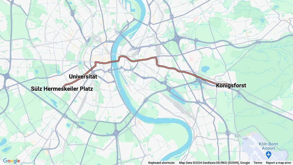 Köln sporvognslinje 9: Sülz Hermeskeiler Platz - Königsforst linjekort