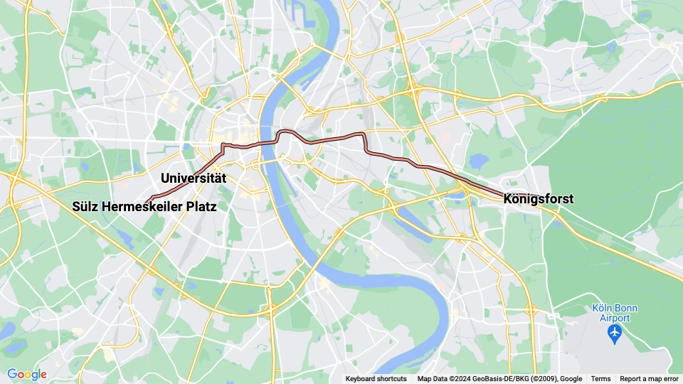 Köln sporvognslinje 9 linjekort