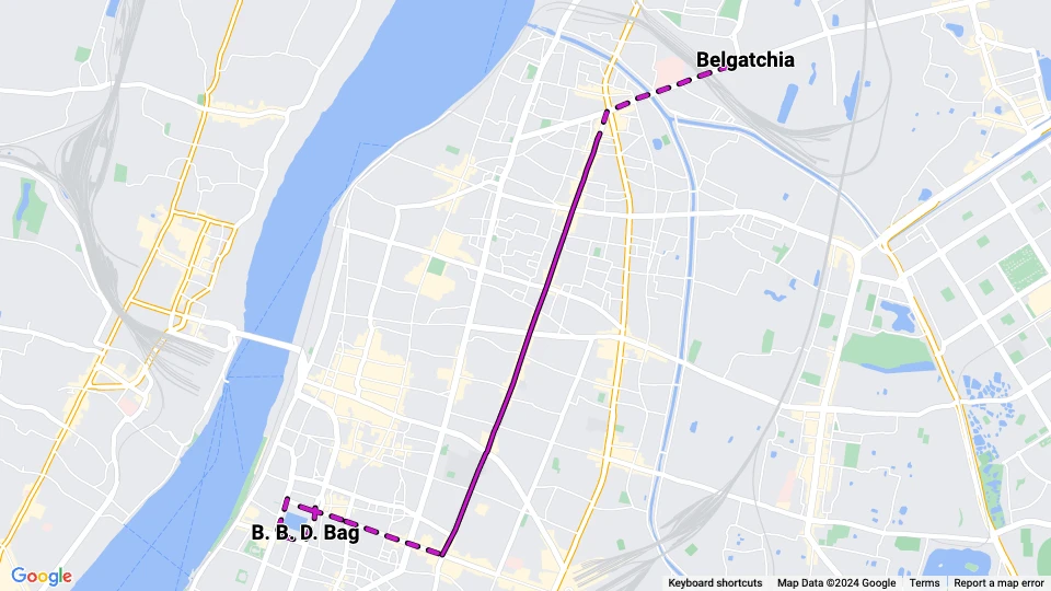 Kolkata sporvognslinje 2: B. B. D. Bag - Belgatchia linjekort