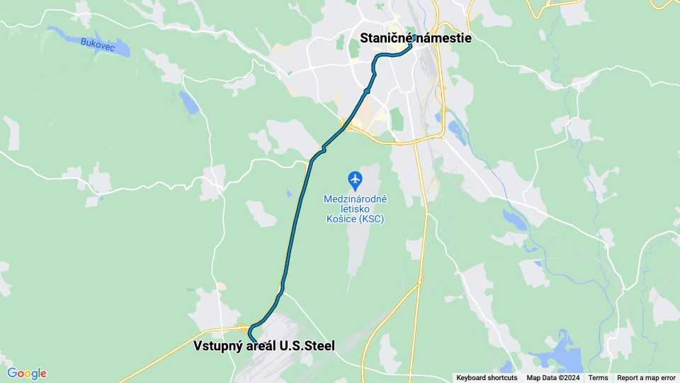 Košice ekstralinje R1: Staničné námestie - Vstupný areál U.S.Steel linjekort