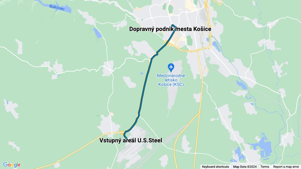 Košice ekstralinje R6: Vstupný areál U.S.Steel - Dopravný podnik mesta Košice linjekort