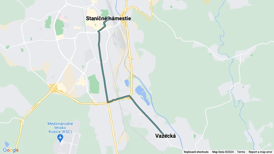 Košice sporvognslinje 3: Staničné námestie - Važecká linjekort