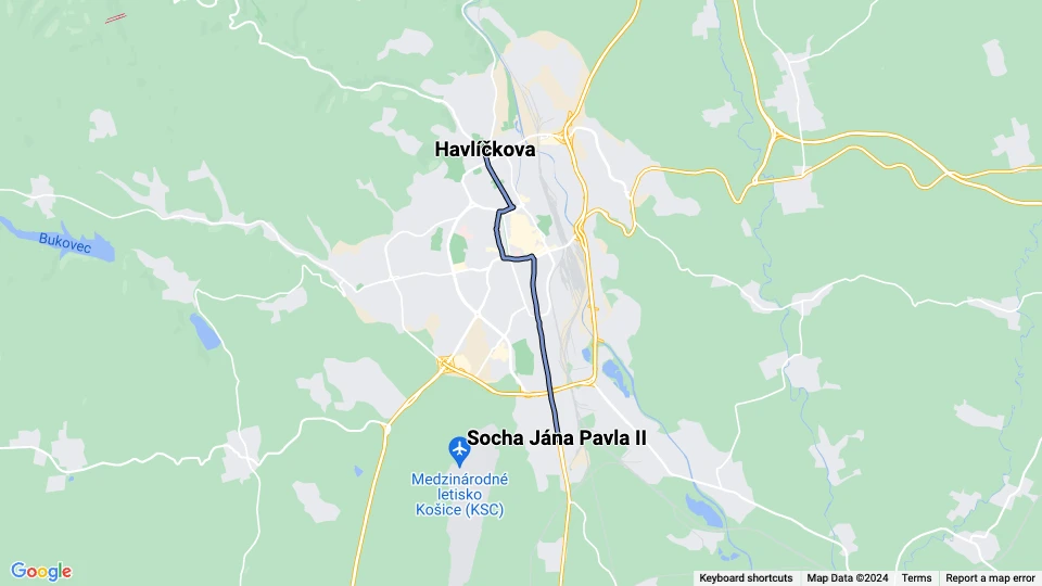 Košice sporvognslinje 4: Havlíčkova - Socha Jána Pavla II linjekort