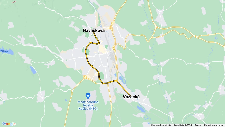 Košice sporvognslinje 9: Važecká - Havlíčkova linjekort