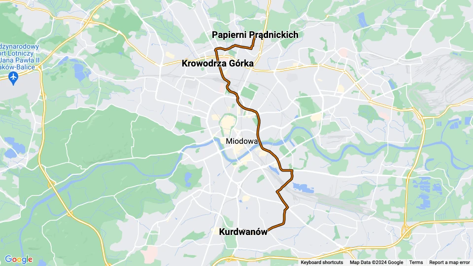 Kraków hurtiglinje 50: Papierni Prądnickich - Kurdwanów linjekort