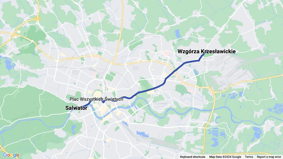 Kraków sporvognslinje 1: Salwator - Wzgórza Krzesławickie linjekort