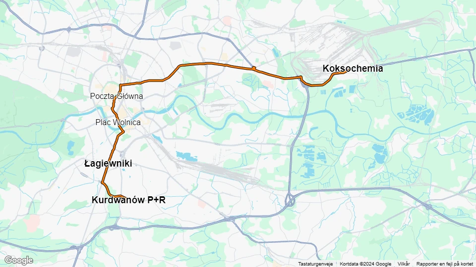 Kraków sporvognslinje 10: Koksochemia - Kurdwanów P+R linjekort