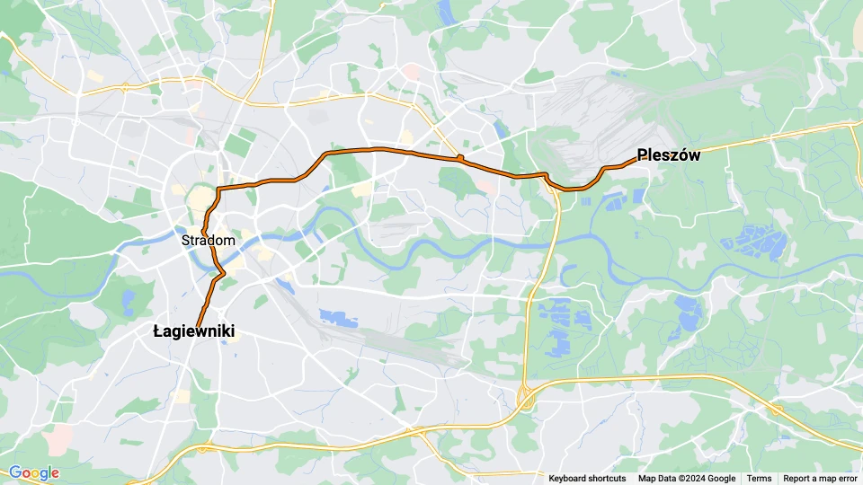 Kraków sporvognslinje 10: Pleszów - Łagiewniki linjekort