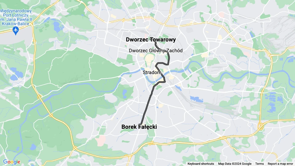 Kraków sporvognslinje 19: Dworzec Towarowy - Borek Fałęcki linjekort