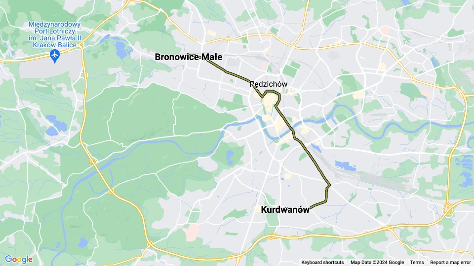 Kraków sporvognslinje 24: Kurdwanów - Bronowice Małe linjekort