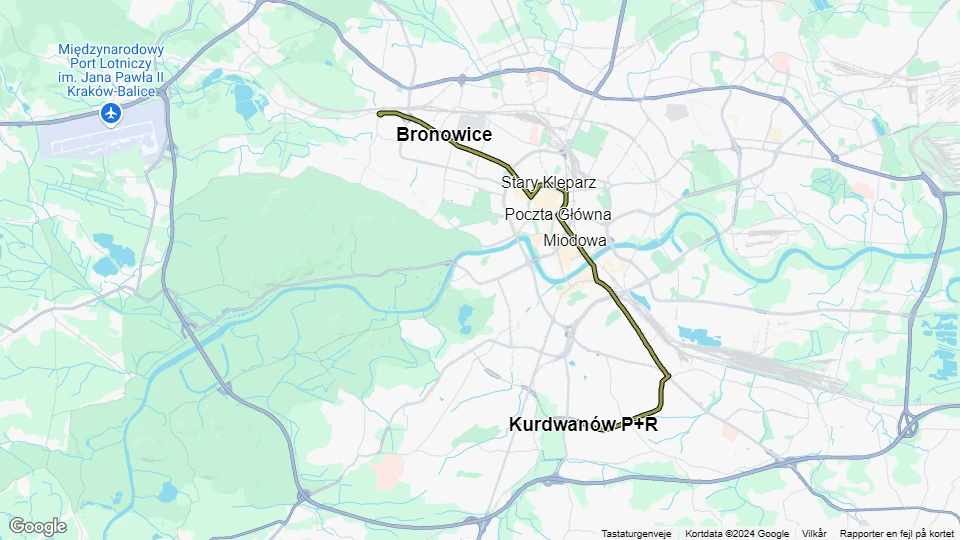 Kraków sporvognslinje 24: Kurdwanów P+R - Bronowice Małe linjekort