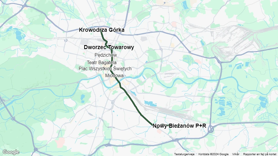 Kraków sporvognslinje 3: Krowodrza Górka - Nowy Bieżanów P+R linjekort