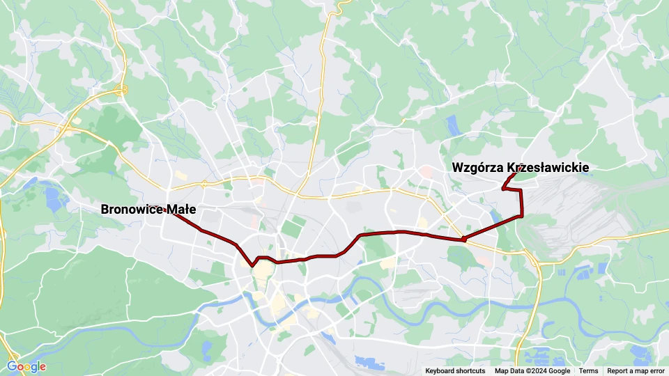 Kraków sporvognslinje 4: Wzgórza Krzesławickie - Bronowice Małe linjekort